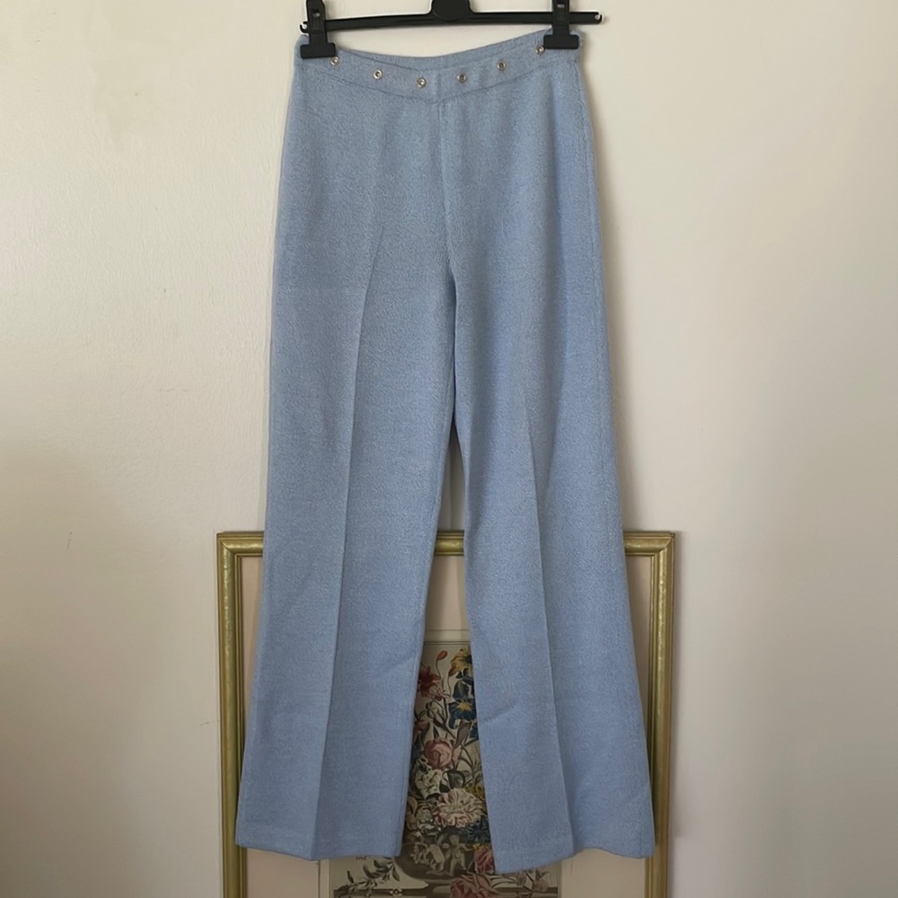St John Sport baby blue knit pants trousers with metal details on waist